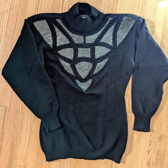 Della Roufogali Sweaters - 80s Vintage 100% Merino Wool Geometric Beaded Mock Neck Sweater Black Size M